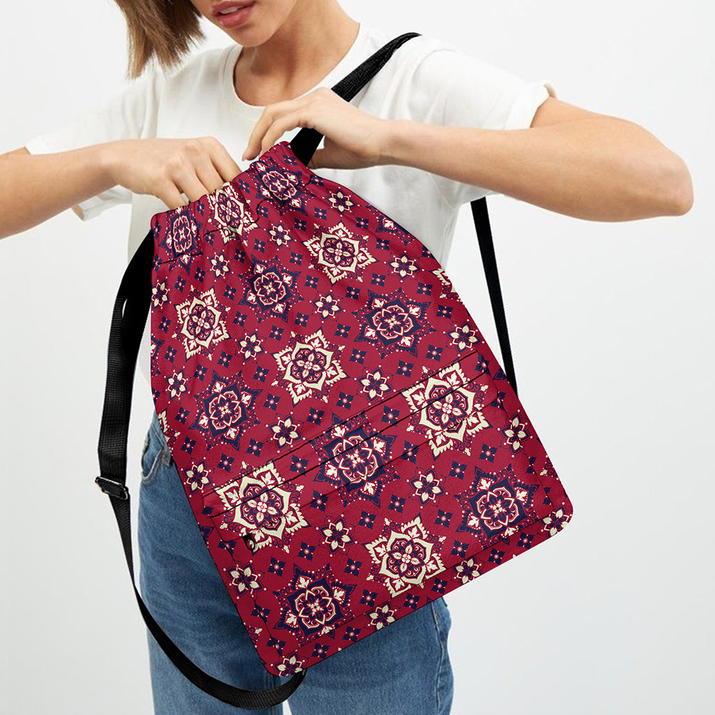 Red Boho Flower Pattern Print Drawstring Backpack