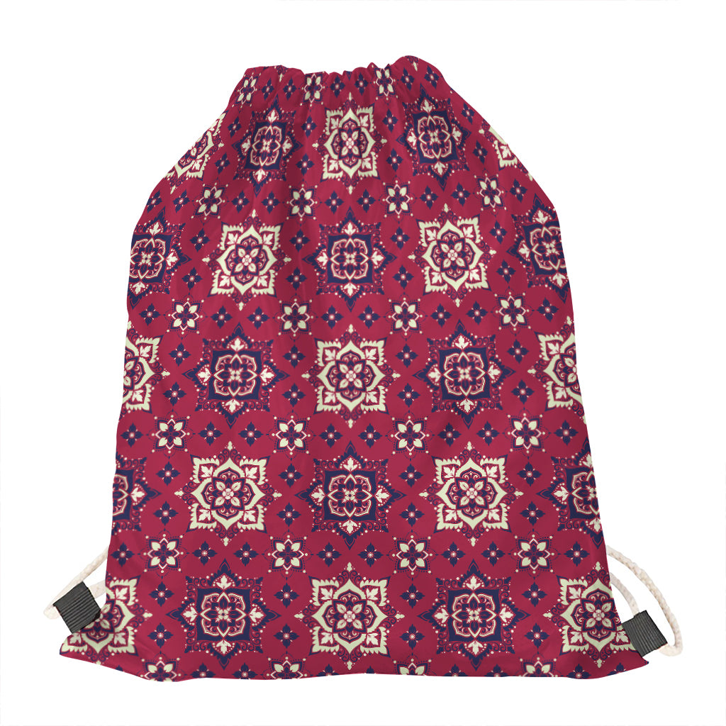 Red Boho Flower Pattern Print Drawstring Bag