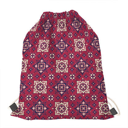 Red Boho Flower Pattern Print Drawstring Bag
