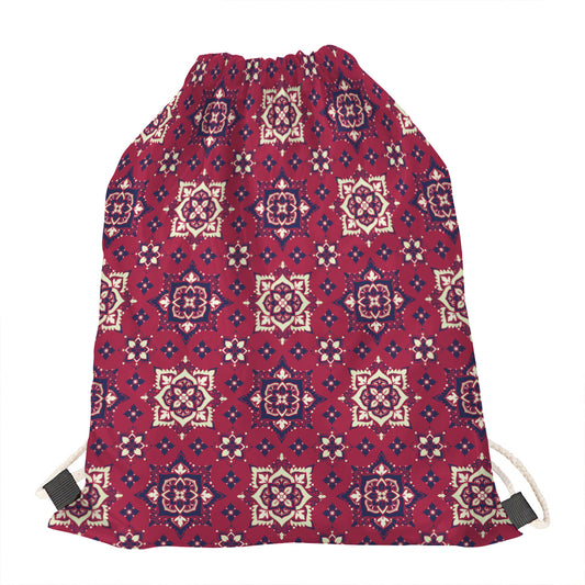 Red Boho Flower Pattern Print Drawstring Bag