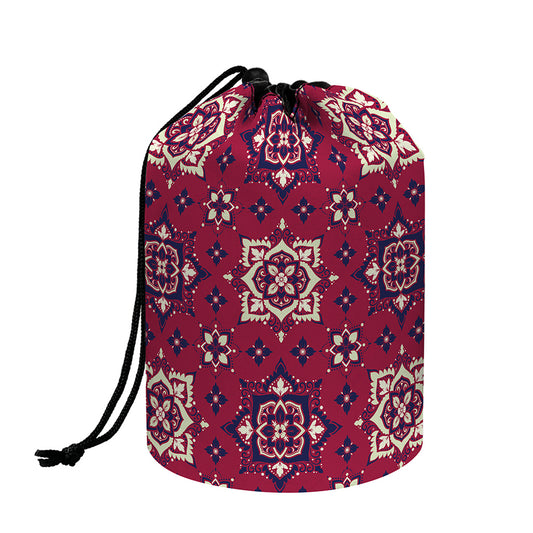 Red Boho Flower Pattern Print Drawstring Makeup Bag