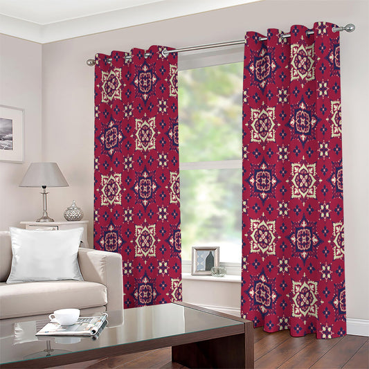 Red Boho Flower Pattern Print Extra Wide Grommet Curtains