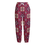 Red Boho Flower Pattern Print Fleece Lined Knit Pants
