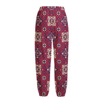 Red Boho Flower Pattern Print Fleece Lined Knit Pants