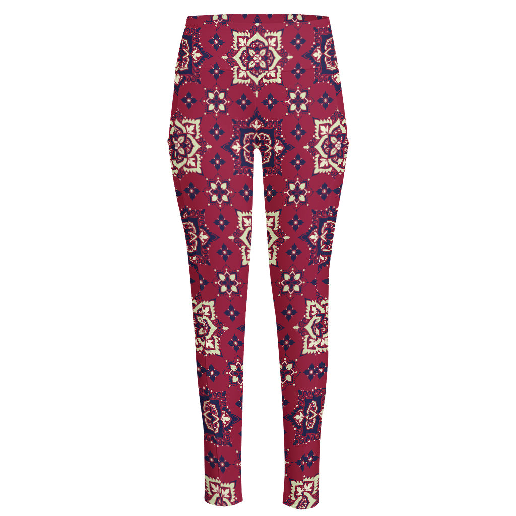Red Boho Flower Pattern Print High-Waisted Pocket Leggings