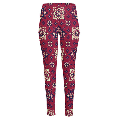Red Boho Flower Pattern Print High-Waisted Pocket Leggings