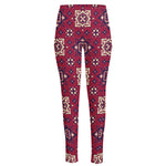 Red Boho Flower Pattern Print High-Waisted Pocket Leggings
