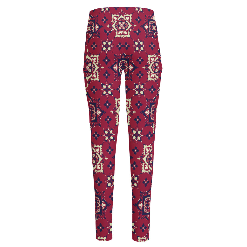 Red Boho Flower Pattern Print High-Waisted Pocket Leggings