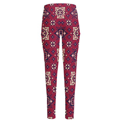 Red Boho Flower Pattern Print High-Waisted Pocket Leggings