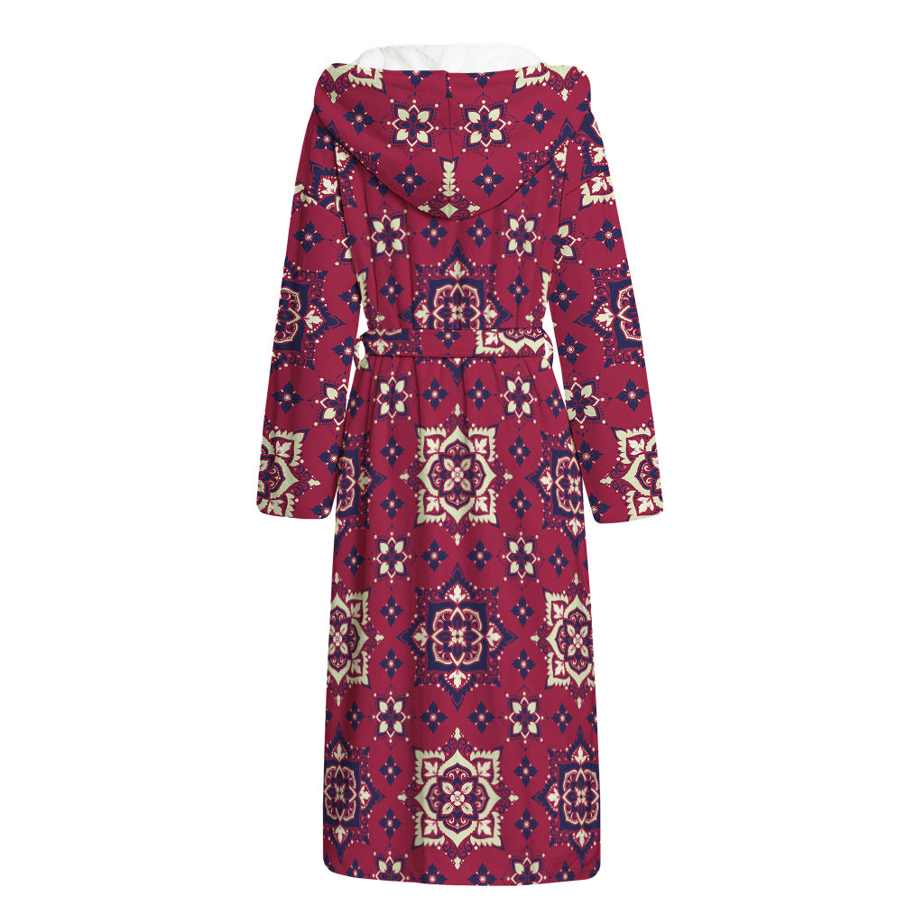 Red Boho Flower Pattern Print Hooded Bathrobe