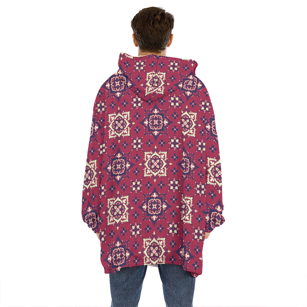 Red Boho Flower Pattern Print Hoodie Blanket
