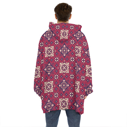 Red Boho Flower Pattern Print Hoodie Blanket