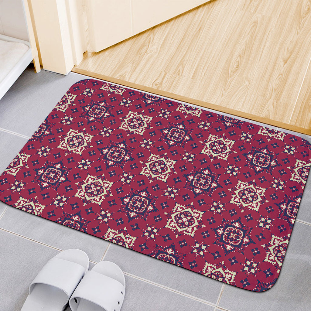 Red Boho Flower Pattern Print Indoor Door Mat