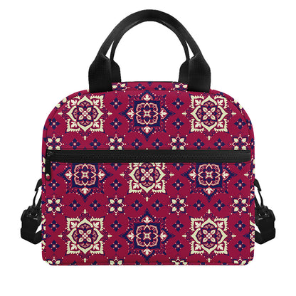 Red Boho Flower Pattern Print Insulated Lunch Bag
