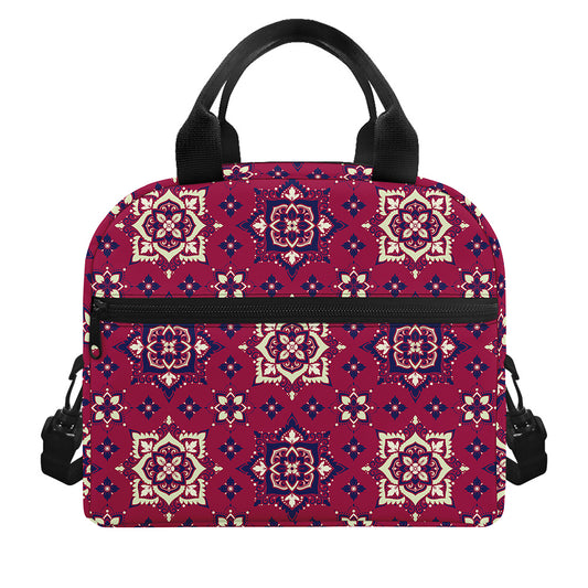 Red Boho Flower Pattern Print Insulated Lunch Bag
