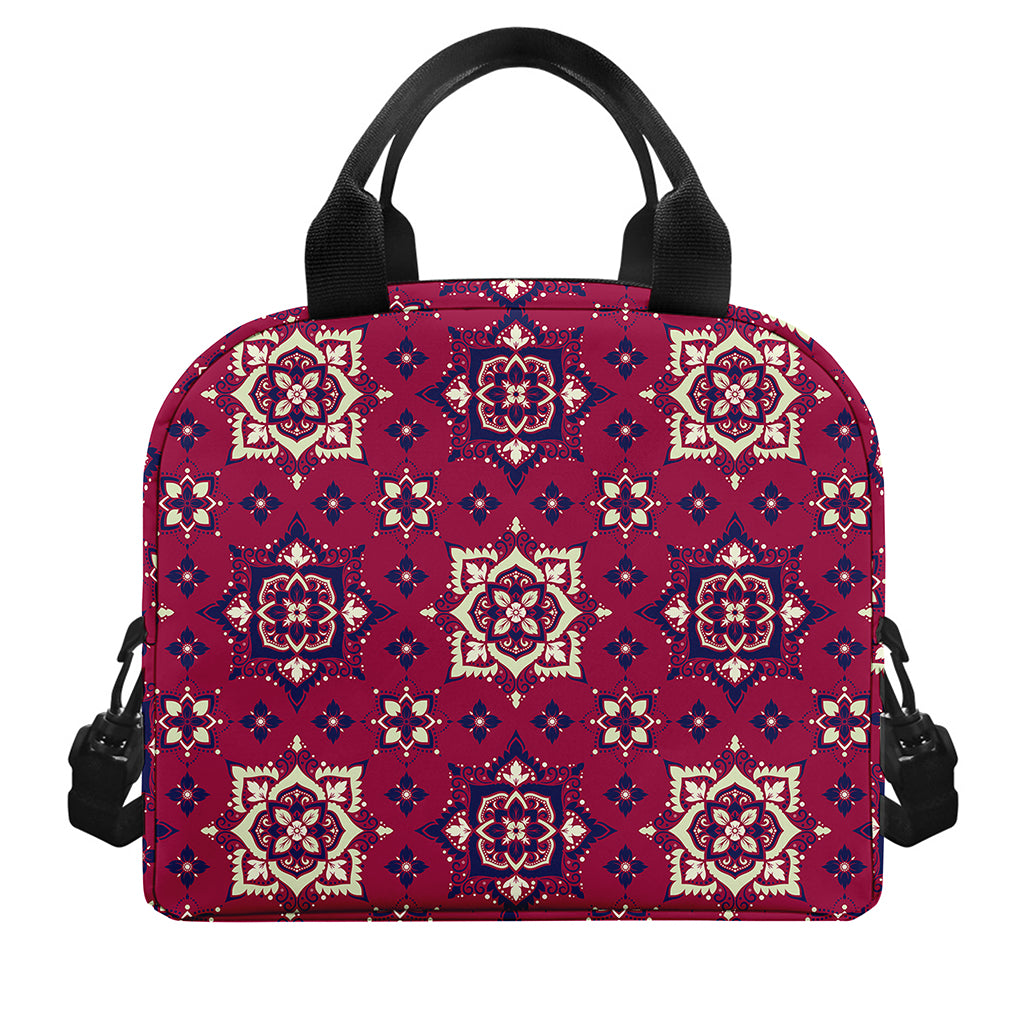 Red Boho Flower Pattern Print Insulated Lunch Bag