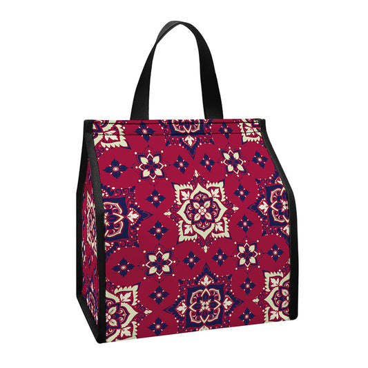 Red Boho Flower Pattern Print Insulated Lunch Tote