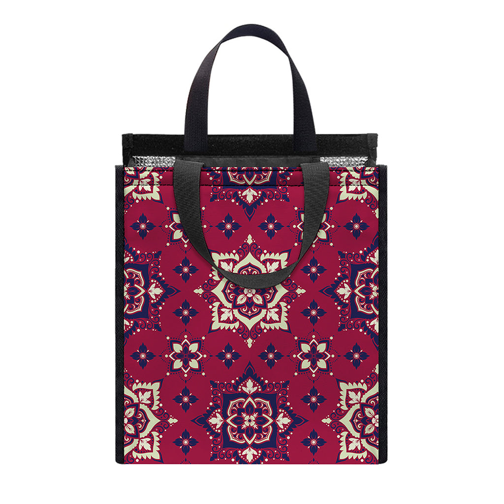 Red Boho Flower Pattern Print Insulated Lunch Tote