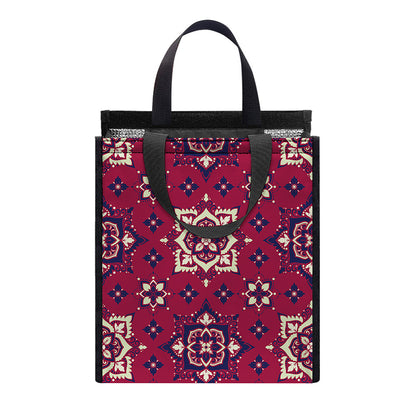 Red Boho Flower Pattern Print Insulated Lunch Tote
