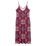 Red Boho Flower Pattern Print Jersey Midi Cami Dress