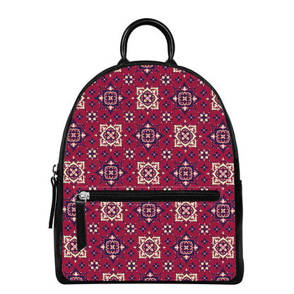 Red Boho Flower Pattern Print Leather Backpack