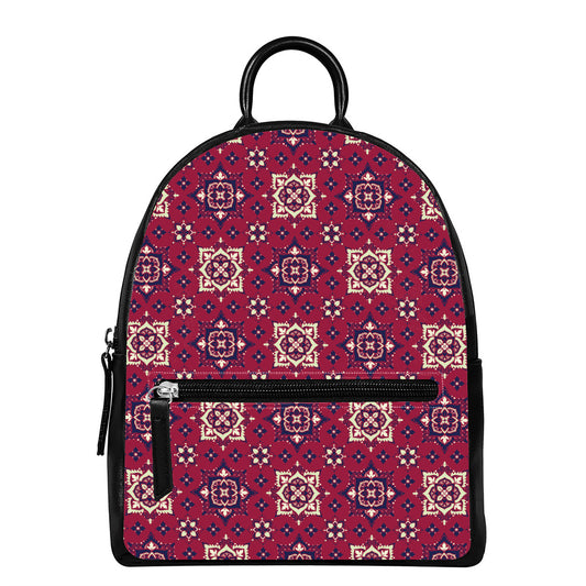 Red Boho Flower Pattern Print Leather Backpack