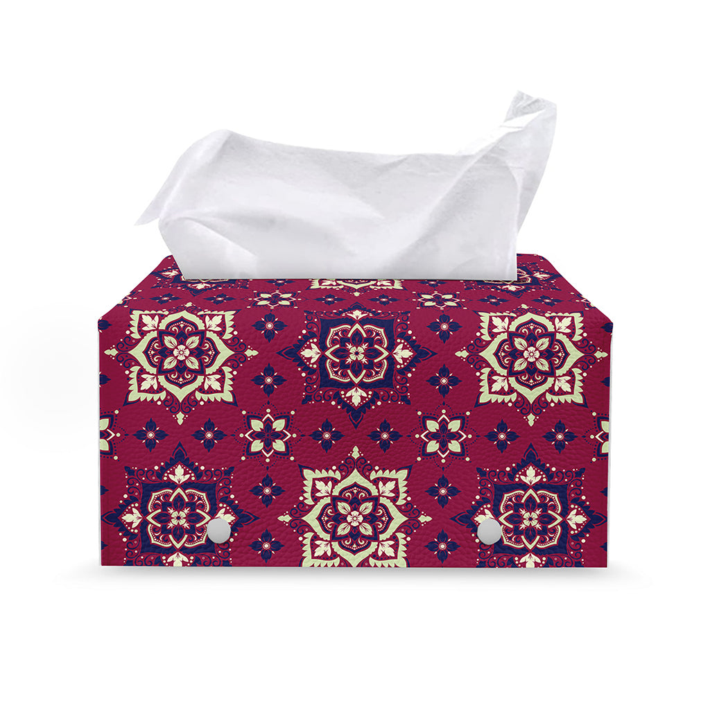 Red Boho Flower Pattern Print Leather Tissue Box Cover