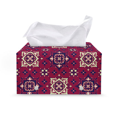 Red Boho Flower Pattern Print Leather Tissue Box Cover