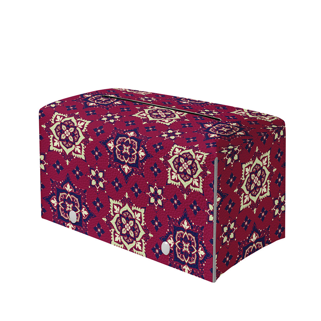 Red Boho Flower Pattern Print Leather Tissue Box Cover