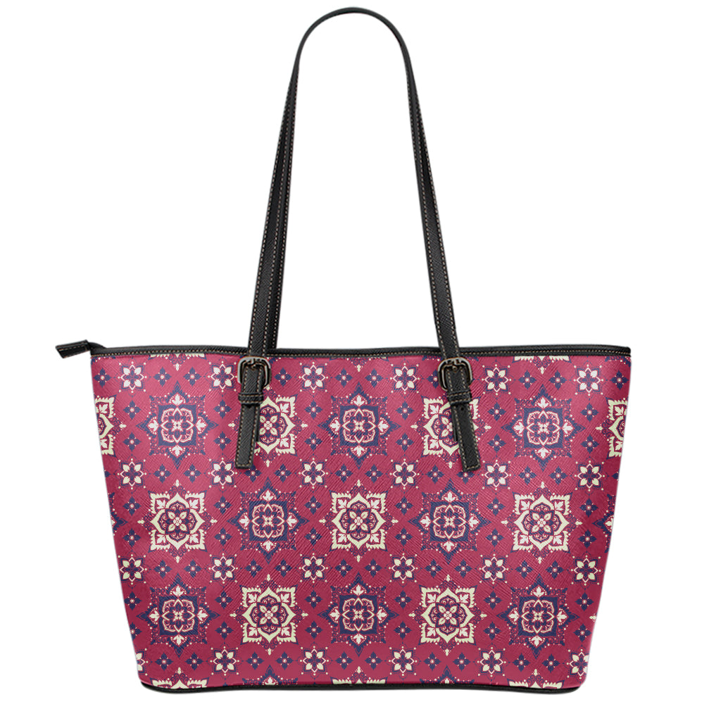 Red Boho Flower Pattern Print Leather Tote Bag