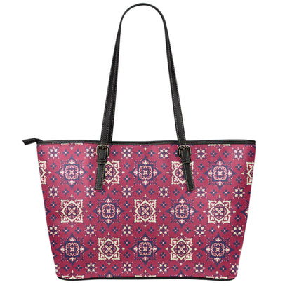 Red Boho Flower Pattern Print Leather Tote Bag