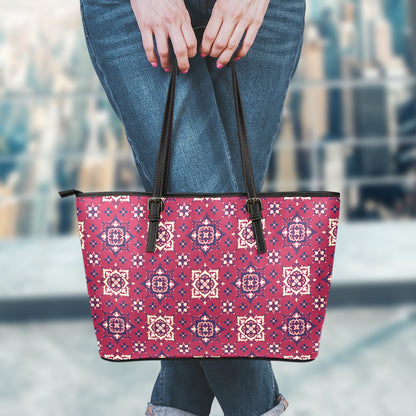 Red Boho Flower Pattern Print Leather Tote Bag