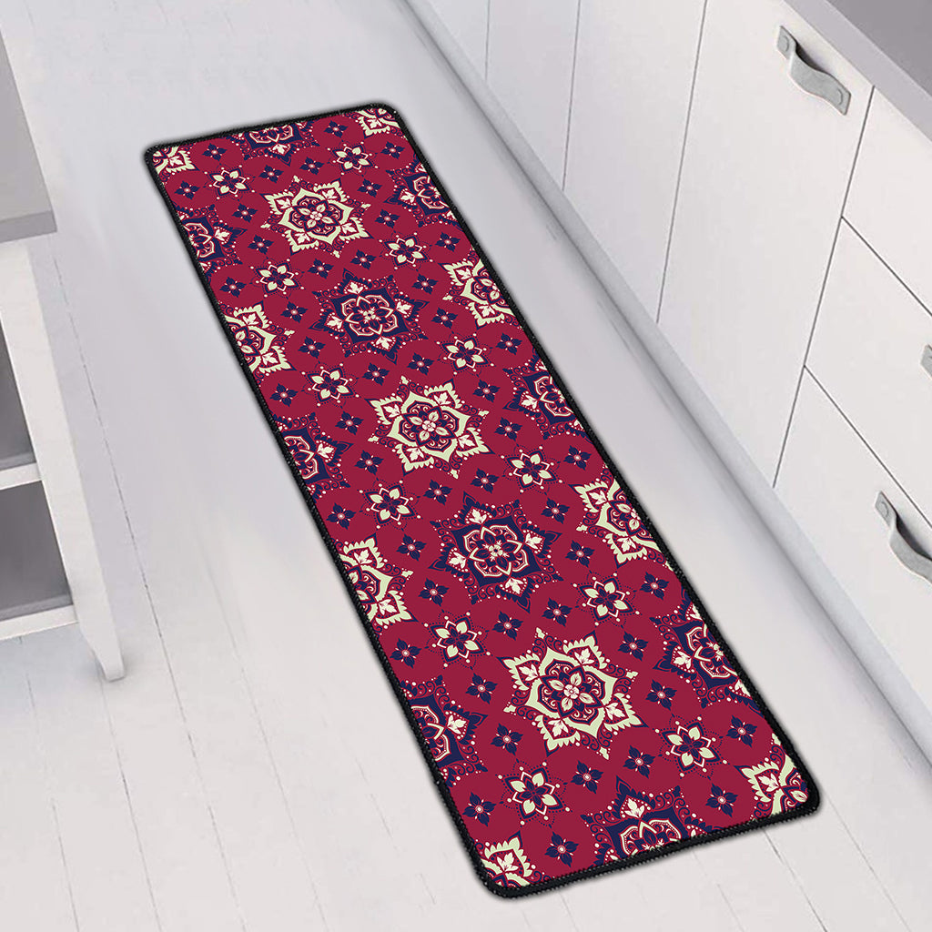 Red Boho Flower Pattern Print Long Kitchen Mat