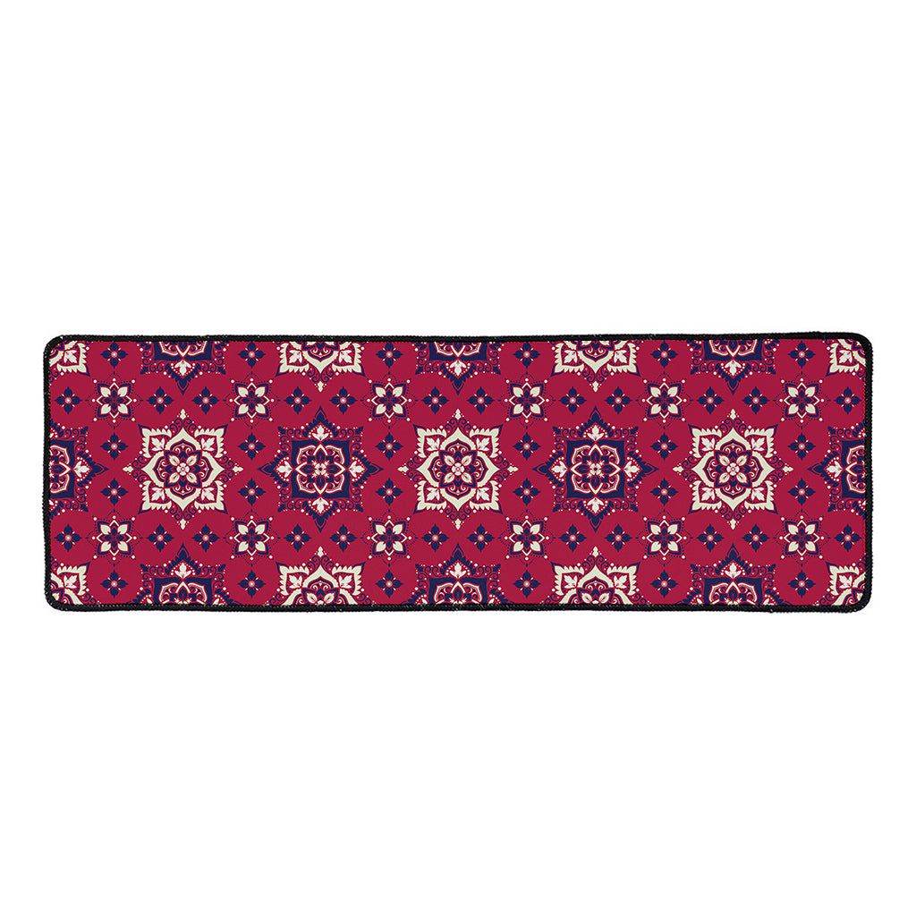 Red Boho Flower Pattern Print Long Kitchen Mat
