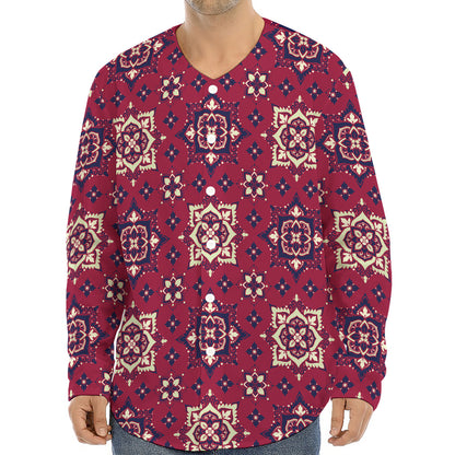 Red Boho Flower Pattern Print Long Sleeve Baseball Jersey