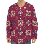 Red Boho Flower Pattern Print Long Sleeve Baseball Jersey