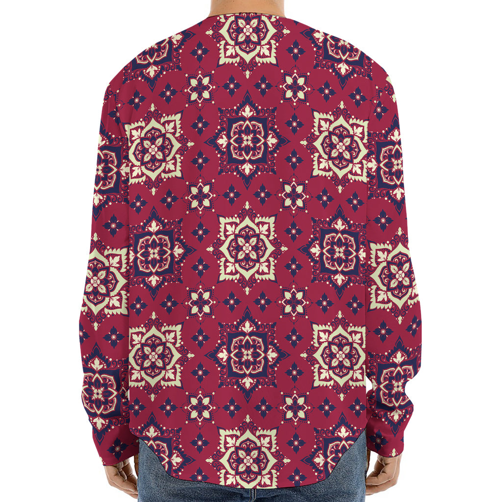 Red Boho Flower Pattern Print Long Sleeve Baseball Jersey