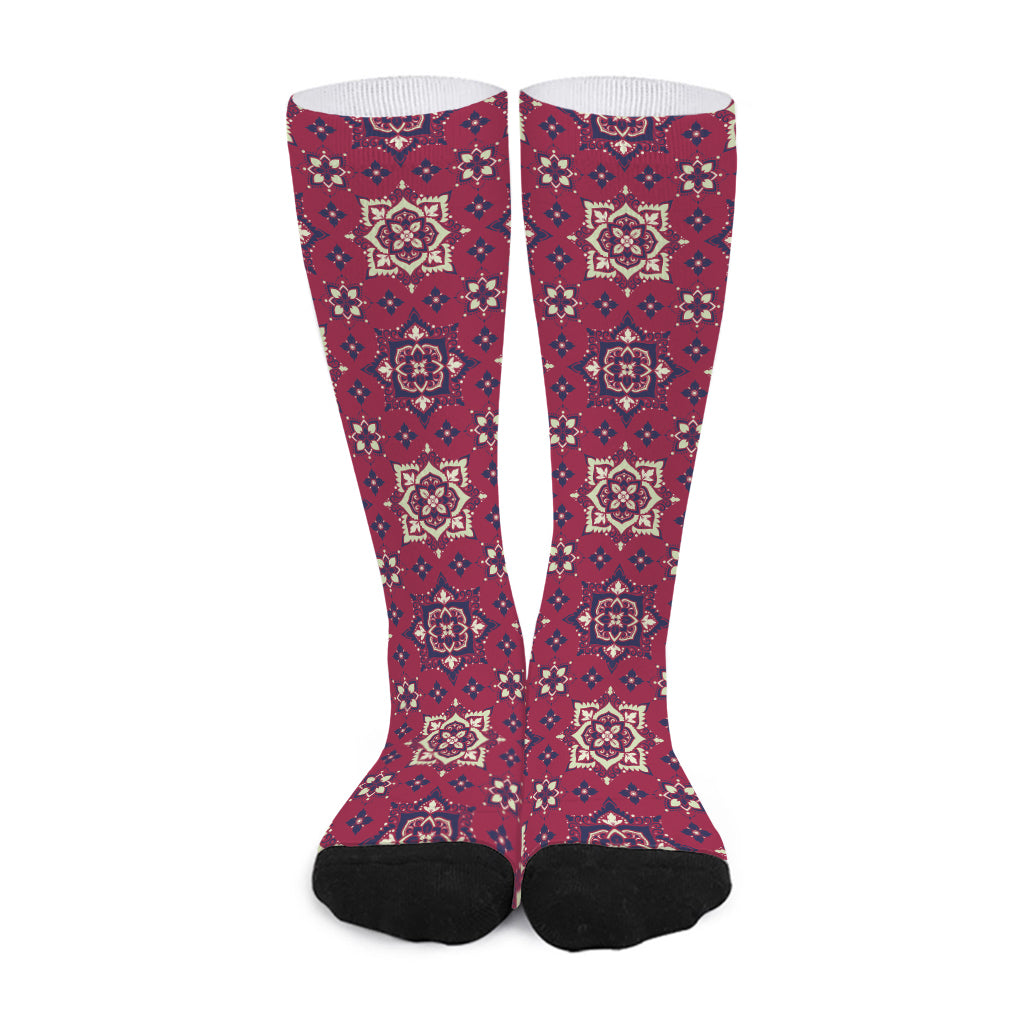 Red Boho Flower Pattern Print Long Socks