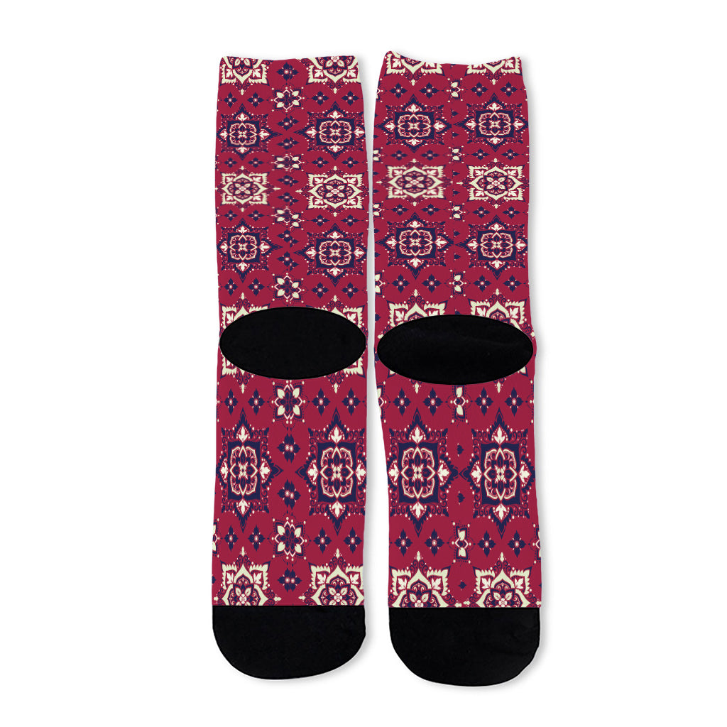 Red Boho Flower Pattern Print Long Socks