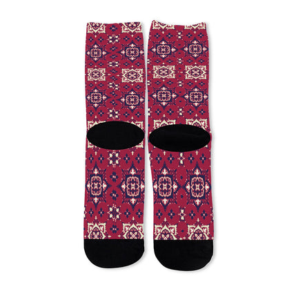 Red Boho Flower Pattern Print Long Socks