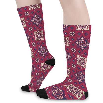 Red Boho Flower Pattern Print Long Socks