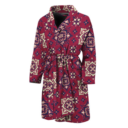 Red Boho Flower Pattern Print Men's Bathrobe