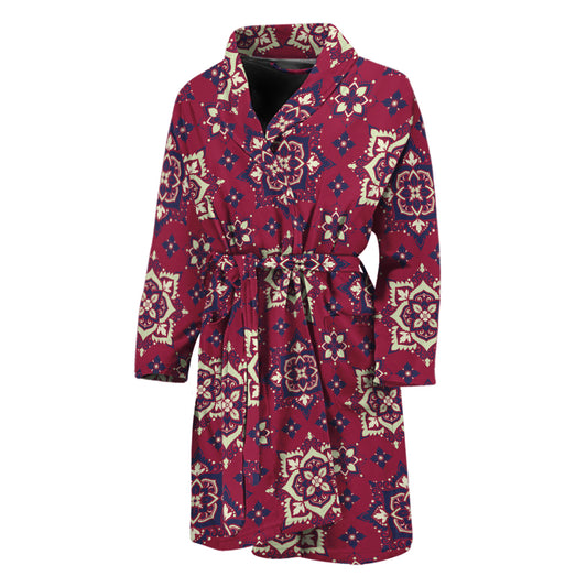 Red Boho Flower Pattern Print Men's Bathrobe