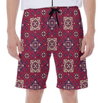 Red Boho Flower Pattern Print Men's Beach Shorts