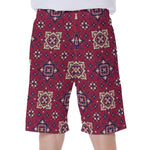 Red Boho Flower Pattern Print Men's Beach Shorts