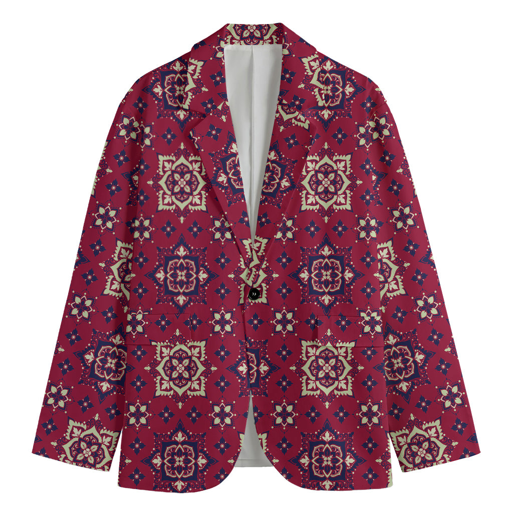 Red Boho Flower Pattern Print Men's Blazer