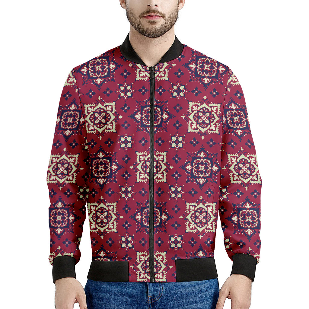 Red Boho Flower Pattern Print Men's Bomber Jacket