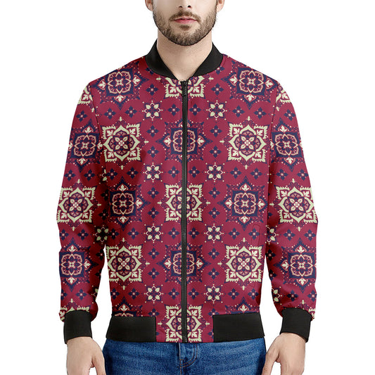 Red Boho Flower Pattern Print Men's Bomber Jacket
