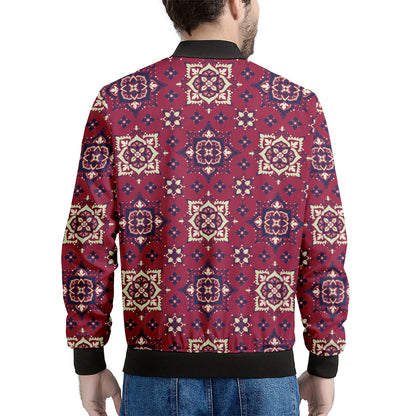 Red Boho Flower Pattern Print Men's Bomber Jacket