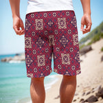 Red Boho Flower Pattern Print Men's Cargo Shorts